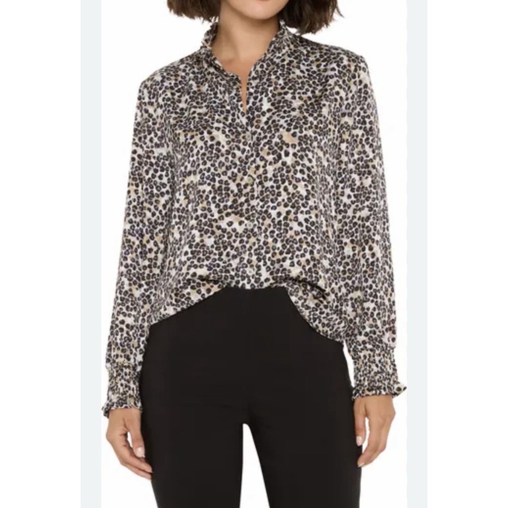 NIC & ZOE Sz M Little Leopard Long Sleeve Smocked Satin Button Down Top Preppy